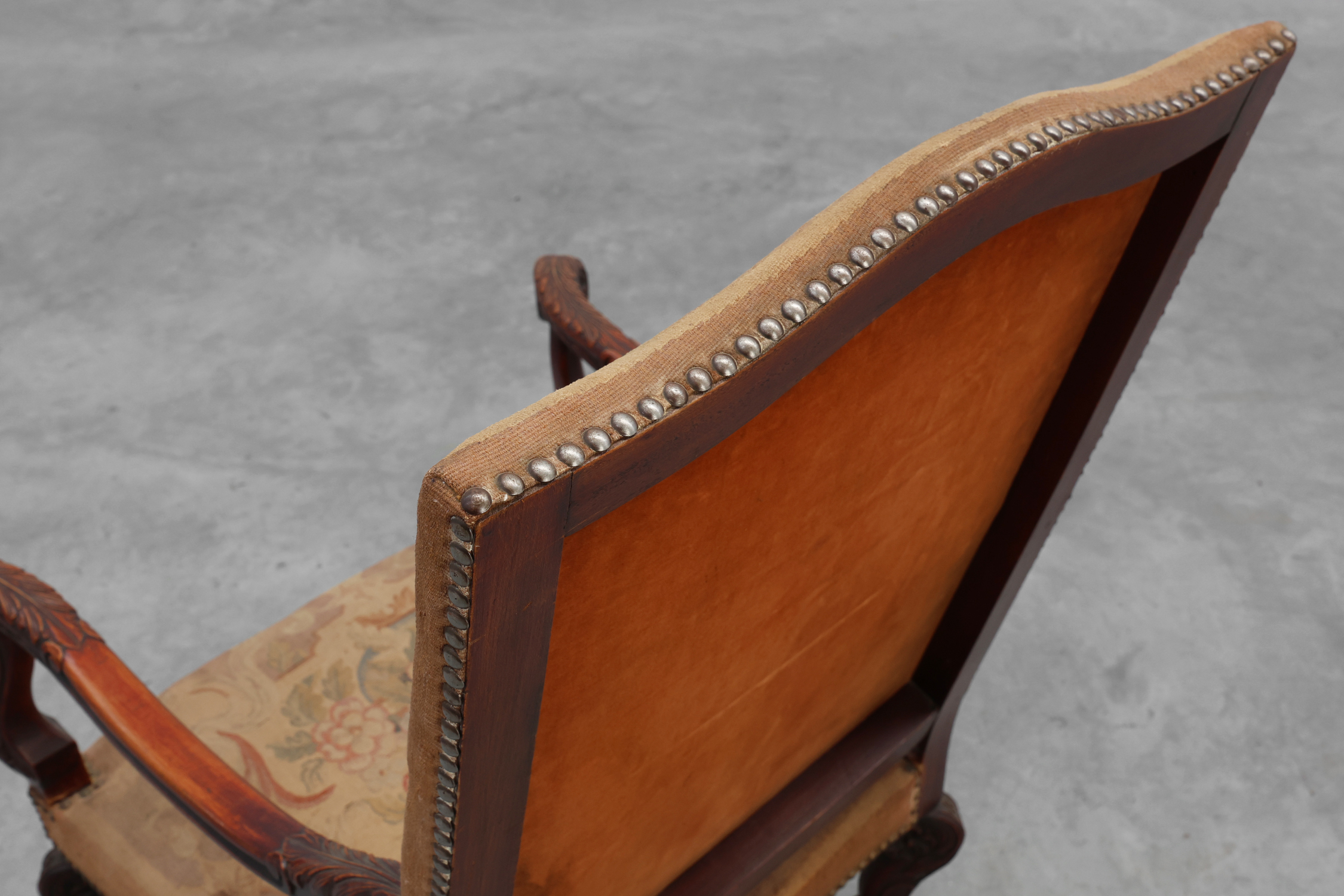 Carved Walnut Armchair with Scrolling and Tapestry Upholstery, France, circa 1800thumbnail